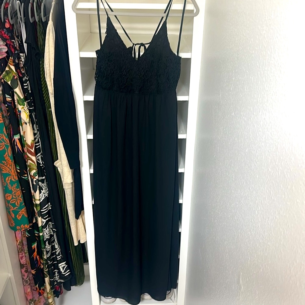Chic Black Long Dress with Spaghetti Straps and Lace top.